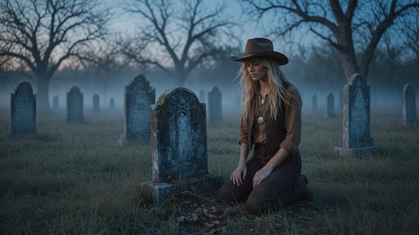 Kenzie Brazel kneeling at her parents' grave