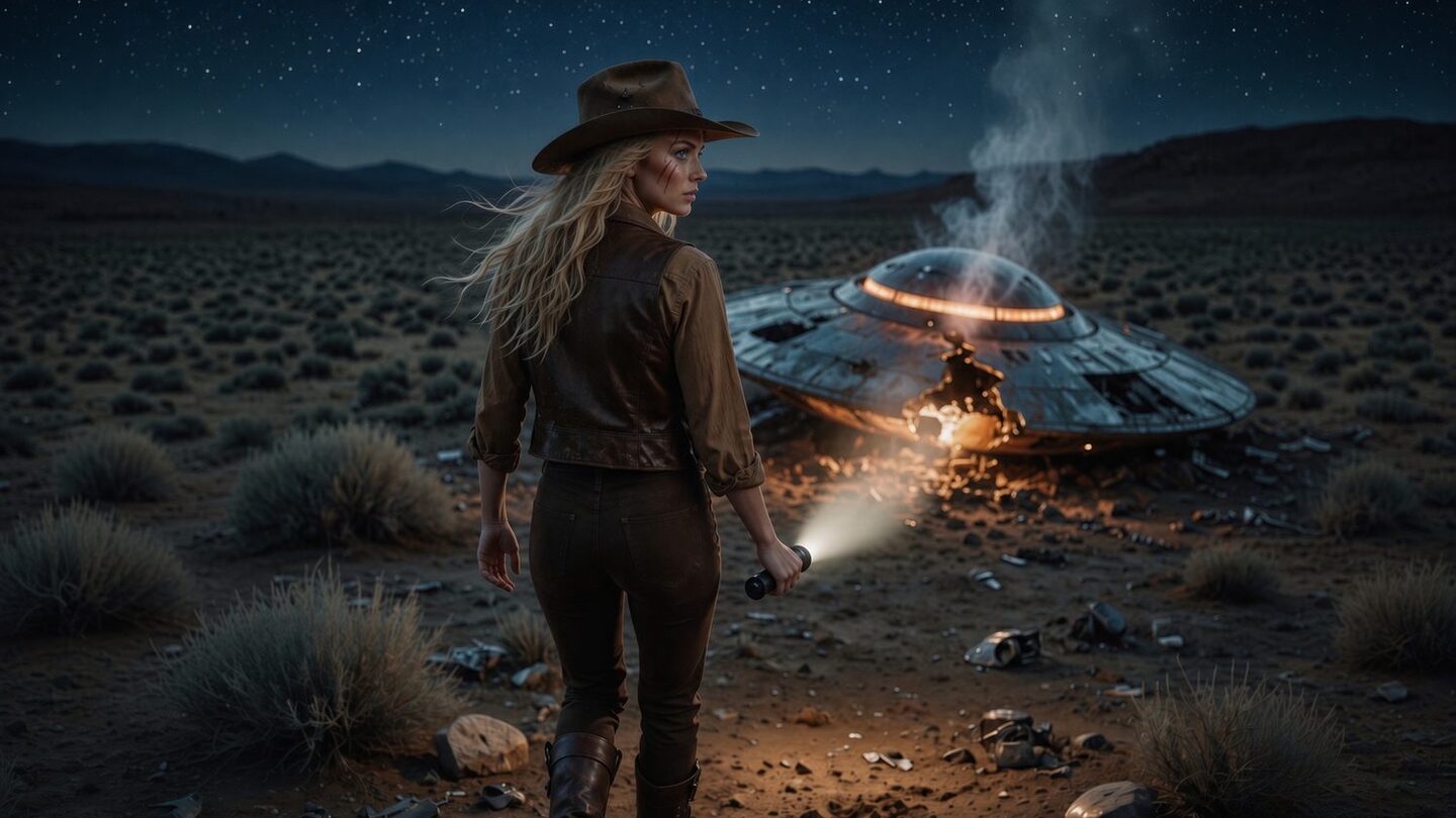 Kenzie Brazel at a damaged saucer in the New Mexico desert