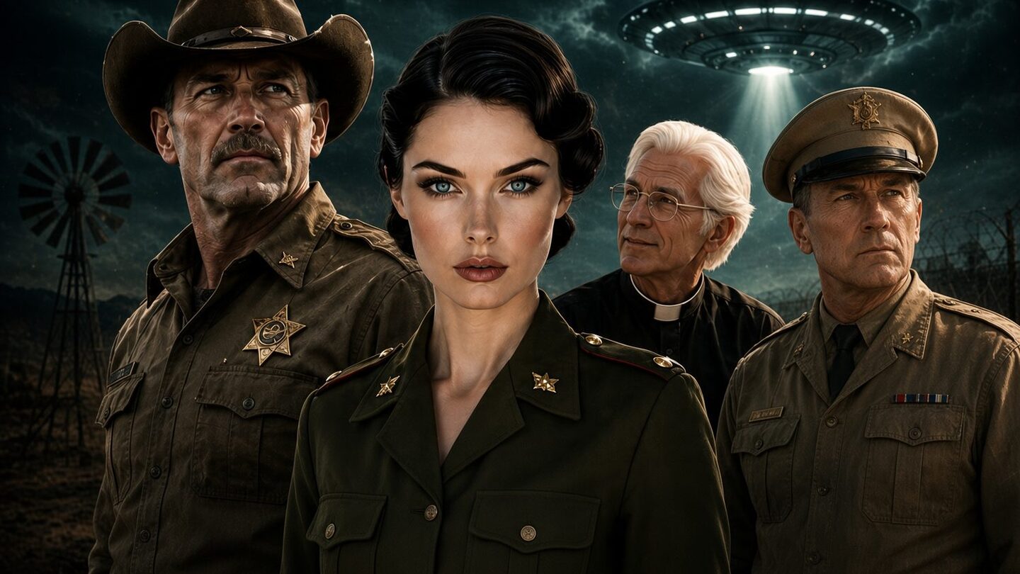 Roswell sheriff, military personnel and priest under a UFO