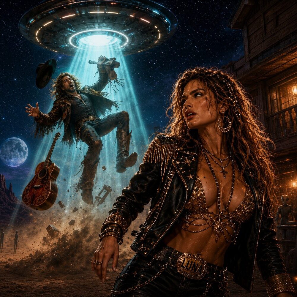 Sol being pulled into a UFO beam while Luna watches