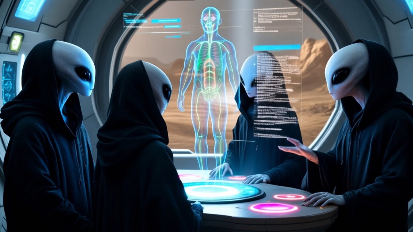 Hooded alien beings examining a holographic human figure aboard a spacecraft