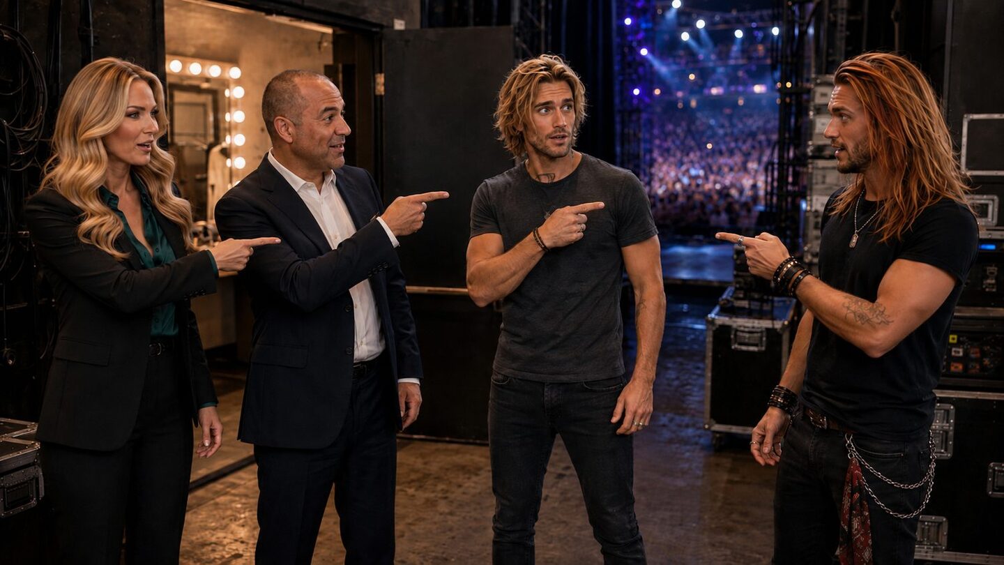 Two men who look like Sol backstage with Judy and Victor